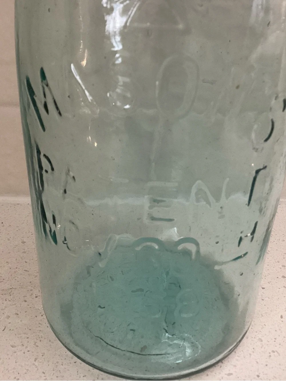 Antique “HERO CROSS” Aqua Blue glass Mason canning jar dating back to 19thC